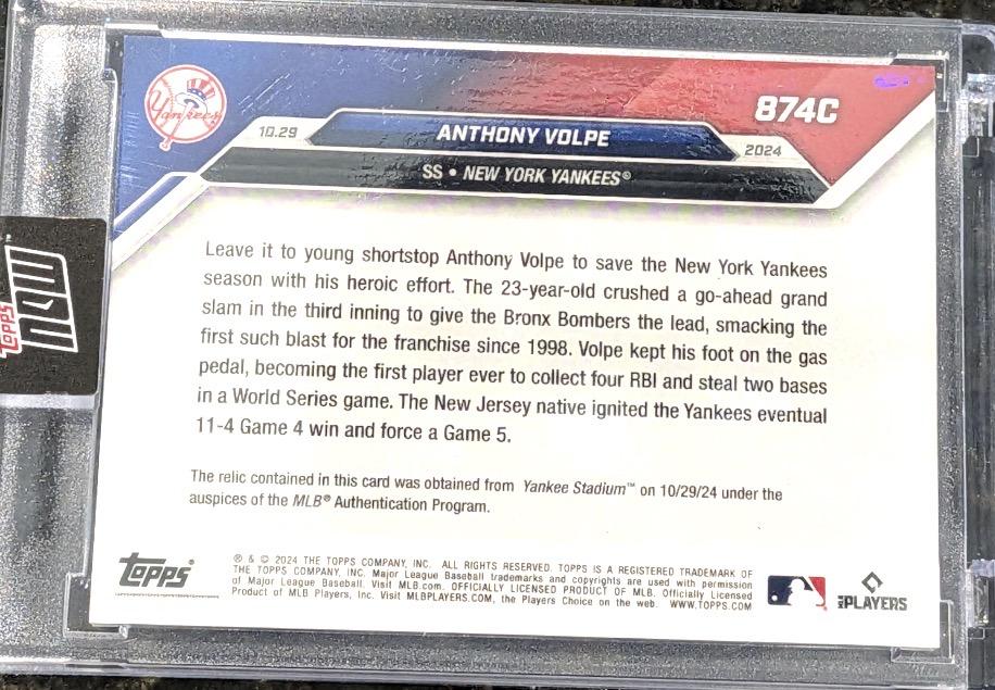 2024 Topps Now #874C Anthony Volpe Relics Blue #/49