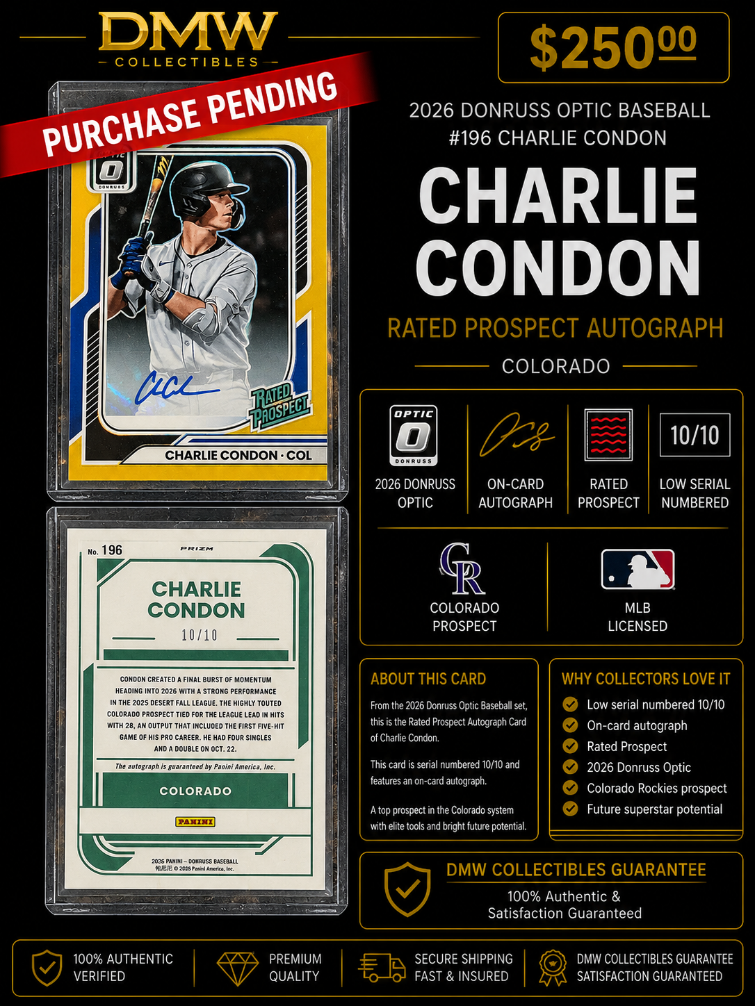 2026 Donruss Optic Rated Charlie Condon Prospect Auto
