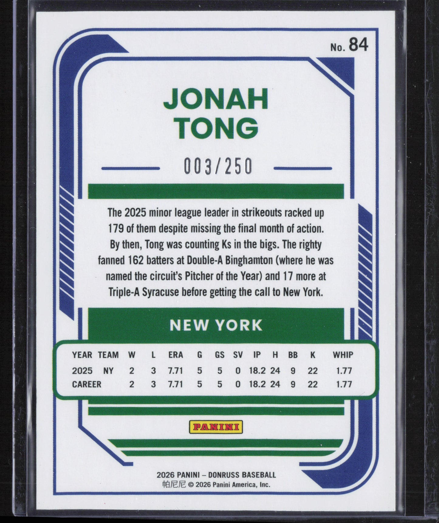 2026 Donruss #84 Jonah Tong red #/250
