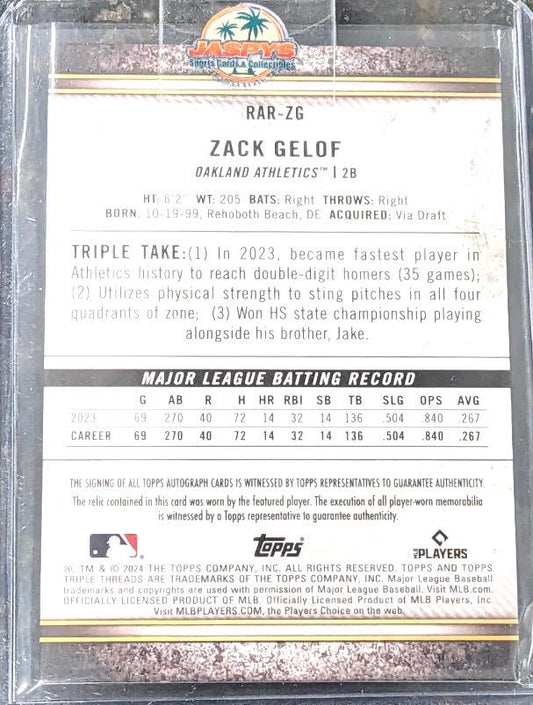 2024 Topps Triple Threads #RAR-ZG Zack Gelof Rookie Autographed Relics auto/ 75
