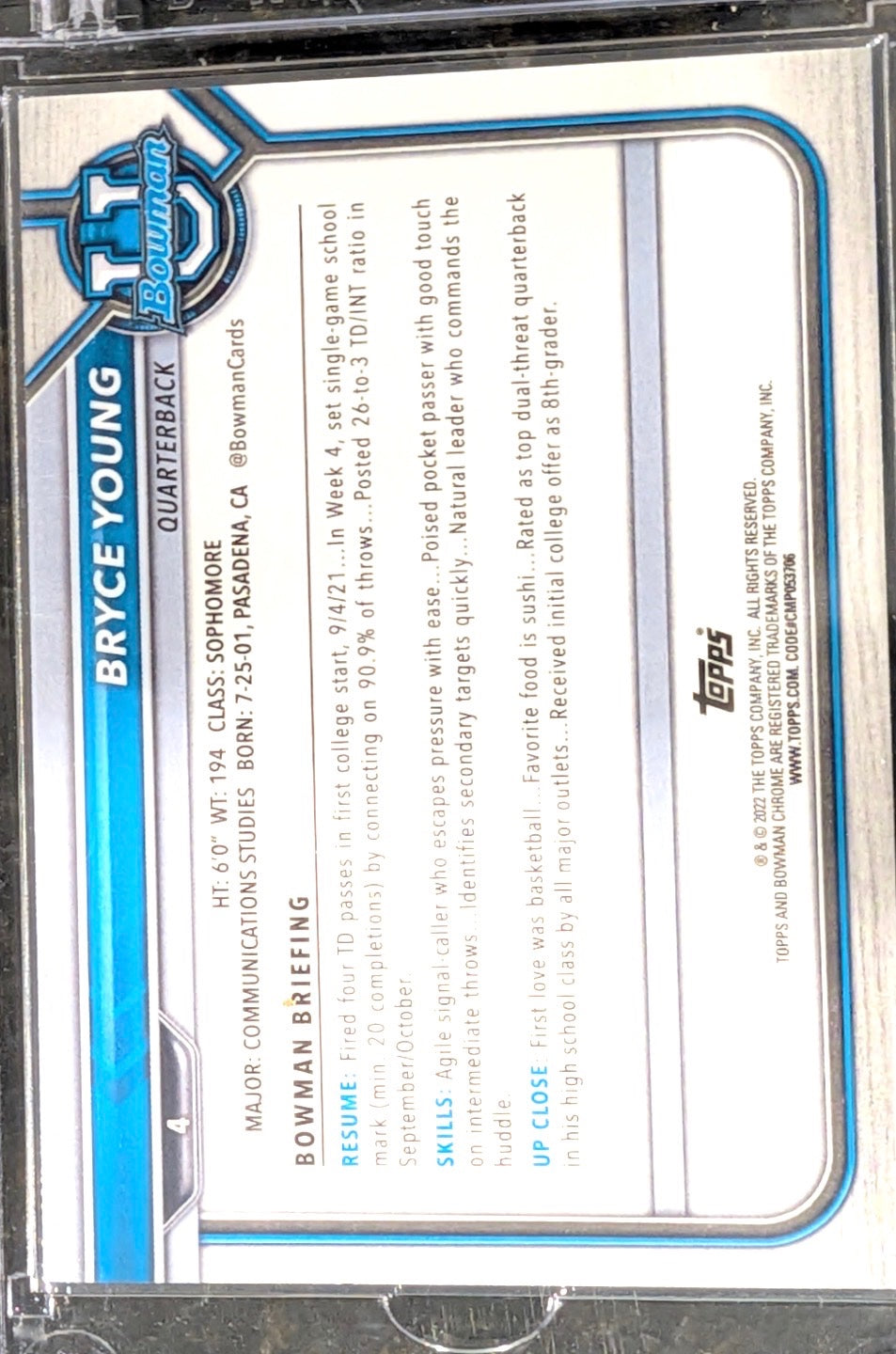 2021-22 Bowman University #4 Bryce Young Chrome Refractors #/50