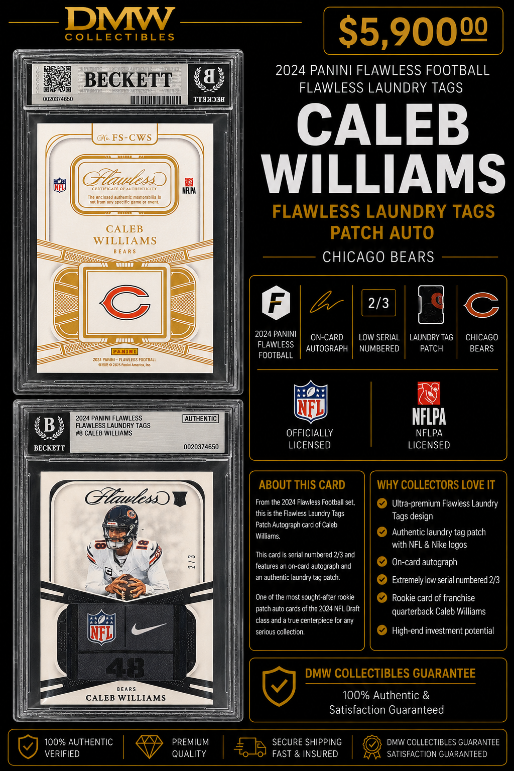 2024 Panini Flawless Caleb Williams Football Laundry Tags Patch Auto 2/3