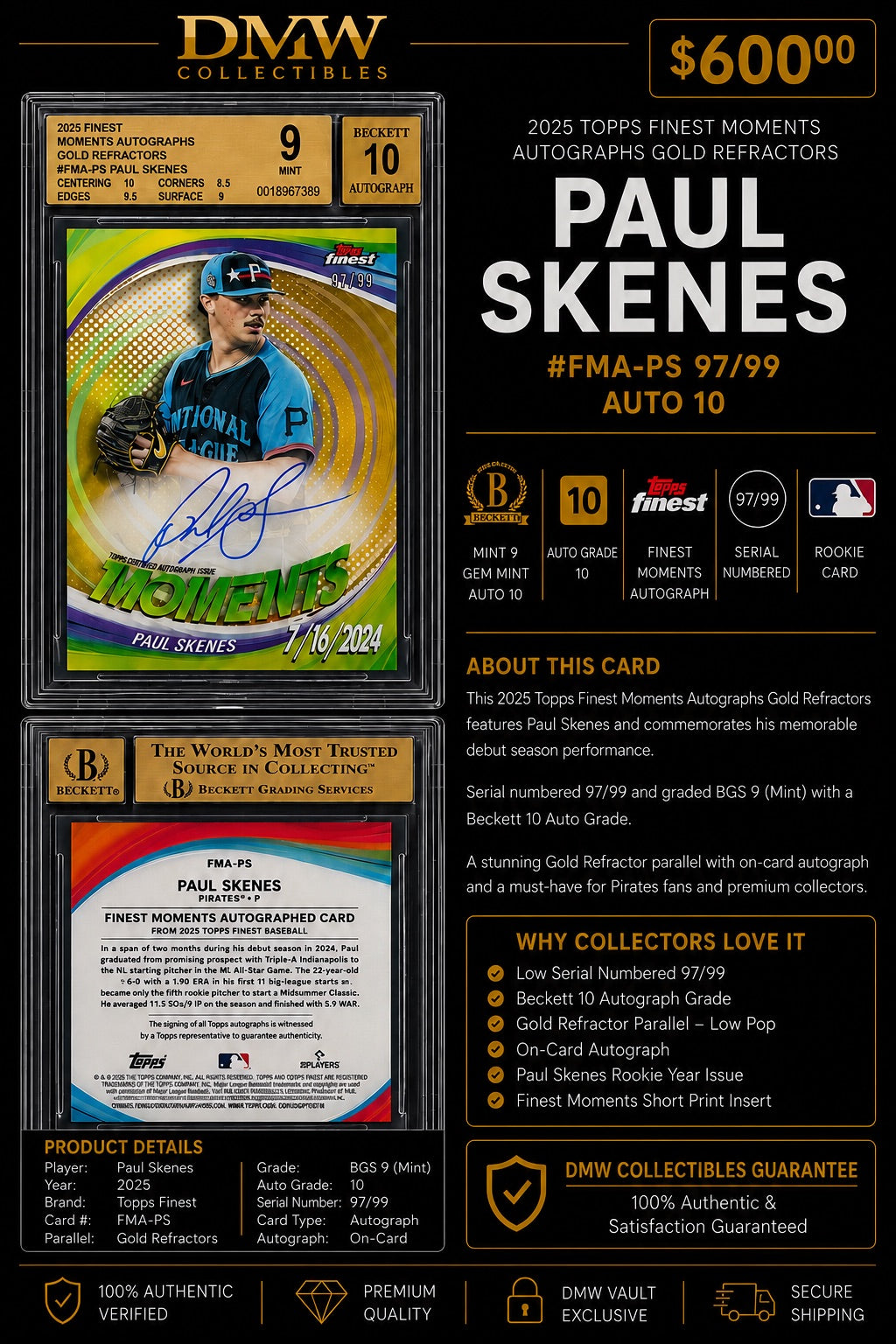 2025 Topps Finest Moments Autographs Gold Refractors Paul Skenes
